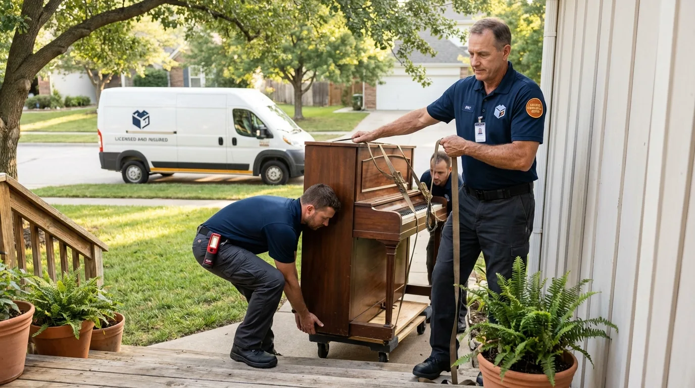 Licensed piano movers securing grand piano in Strasburg, CO