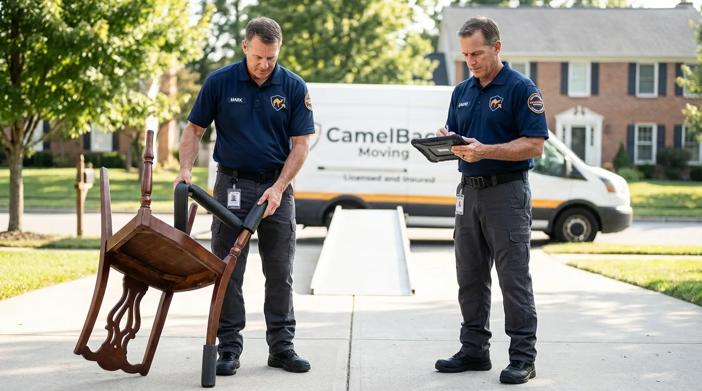 Movers inspecting furniture for damage prevention before loading in Strasburg, CO