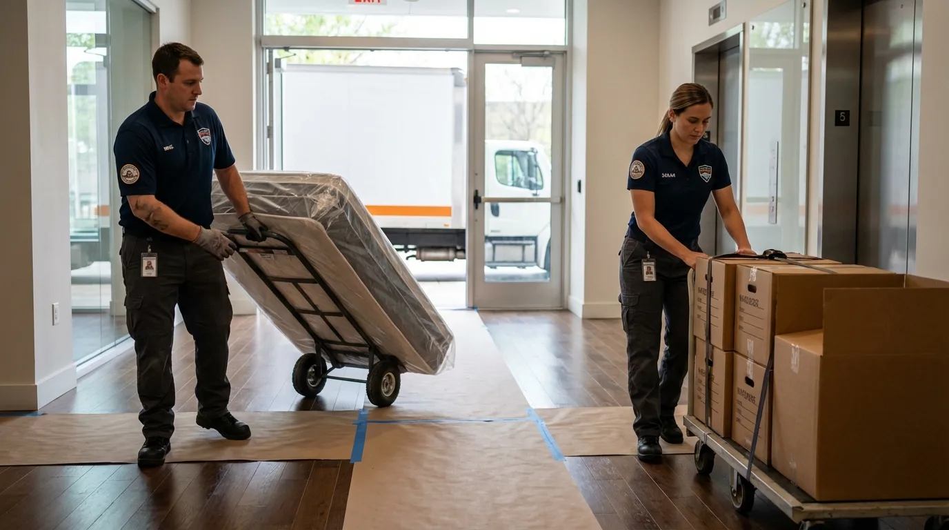Professional apartment movers loading elevator in Strasburg, CO