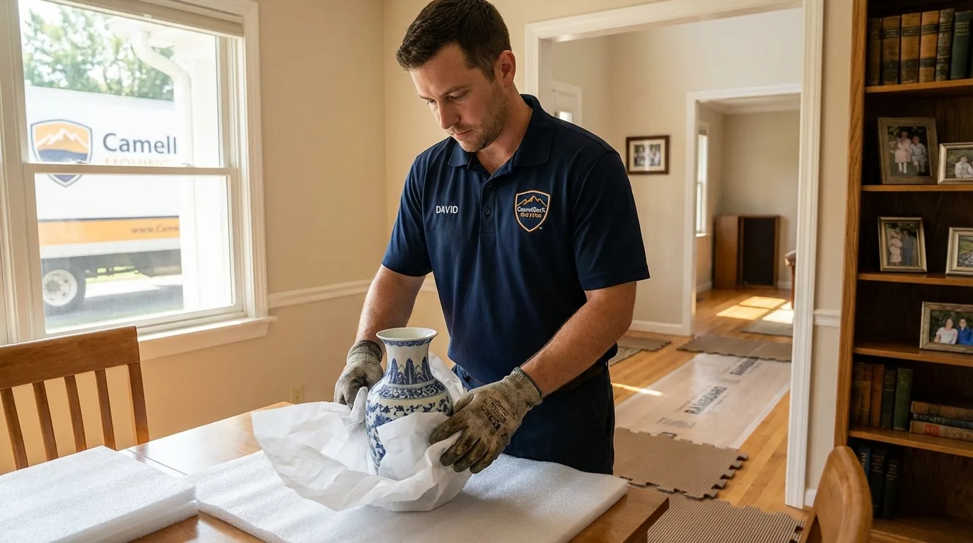 Professional crew carefully wrapping antique vase for senior downsizing move in Strasburg, CO